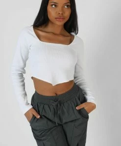 Public Desire UK Long Sleeve Hankey Crop Top White KAIIA CLOTHING