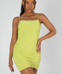 Public Desire UK Square Neck Ruched Mini Dress Lime KAIIA CLOTHING