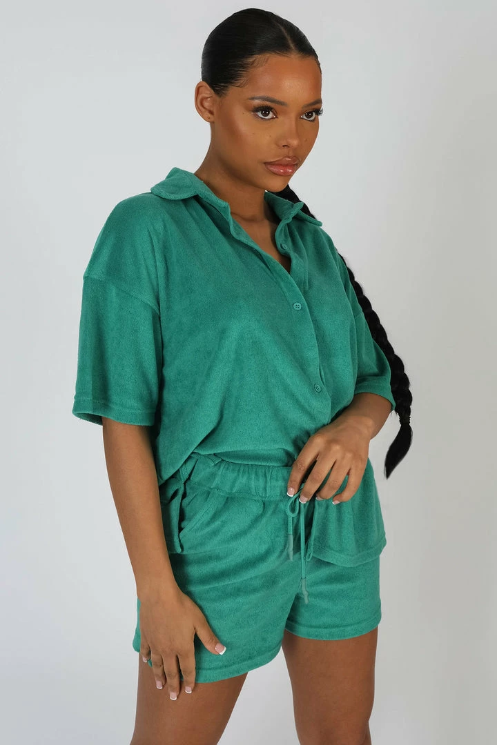 Public Desire UK Oversized Short Sleeve Towelling Shirt Green 2 Public Desire UK Oversized Short Sleeve Towelling Shirt Green