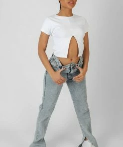 Public Desire UK Split Front Ribbed T-Shirt White KAIIA CLOTHING