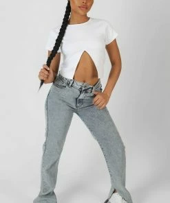 Public Desire UK Split Front Ribbed T-Shirt White KAIIA CLOTHING