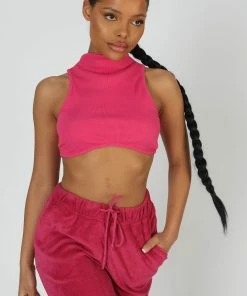 Public Desire UK High Neck Underbust Ribbed Crop Top Pink