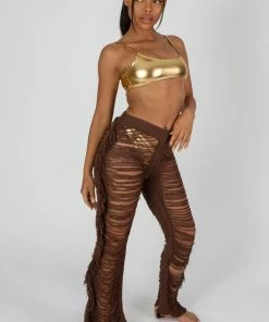 Public Desire UK High Waist Extreme Laddered Frayed Straight Leg Knitted Trousers Brown KAIIA CLOTHING