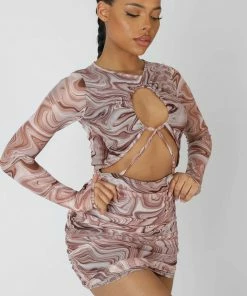 Public Desire UK Printed Mesh Cut Out Ruched Mini Dress Brown