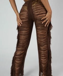 Public Desire UK High Waist Extreme Laddered Frayed Straight Leg Knitted Trousers Brown KAIIA CLOTHING