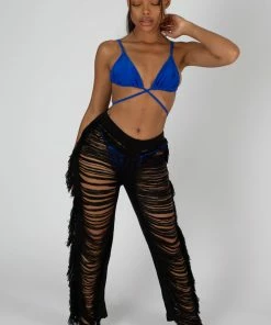 Public Desire UK High Waist Extreme Laddered Frayed Straight Leg Knitted Trousers Black