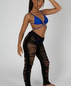 Public Desire UK High Waist Extreme Laddered Frayed Straight Leg Knitted Trousers Black