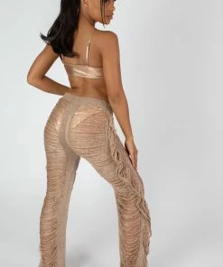 Public Desire UK KAIIA CLOTHING High Waist Extreme Laddered Frayed Straight Leg Knitted Trousers Nude