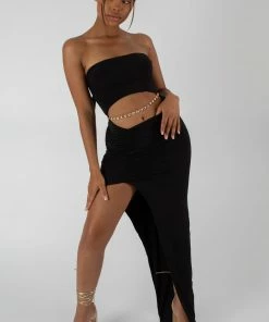 Public Desire UK SPLIT SIDE BANDEAU SLINKY MAXI DRESS BLACK KAIIA CLOTHING