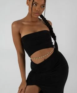 Public Desire UK SPLIT SIDE BANDEAU SLINKY MAXI DRESS BLACK KAIIA CLOTHING