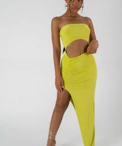 Public Desire UK KAIIA CLOTHING SPLIT SIDE BANDEAU SLINKY MAXI DRESS LIME