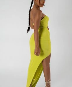 Public Desire UK KAIIA CLOTHING SPLIT SIDE BANDEAU SLINKY MAXI DRESS LIME