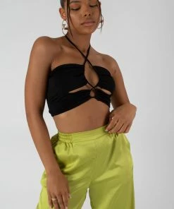 Public Desire UK Slinky Loop Ruching Crop Top Black KAIIA CLOTHING