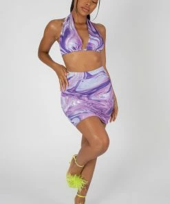 Public Desire UK KAIIA CLOTHING PRINTED SLINKY HALTERNECK TOP PURPLE