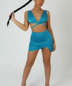 Public Desire UK Split Front Satin Skirt Blue KAIIA CLOTHING