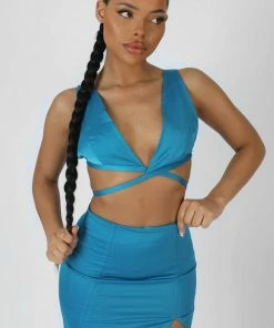 Public Desire UK Split Front Satin Skirt Blue KAIIA CLOTHING