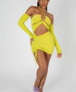 Public Desire UK STRAPPY CUT AWAY SLINKY DRESS LIME KAIIA CLOTHING