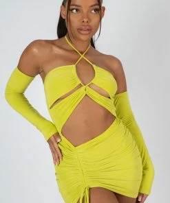 Public Desire UK STRAPPY CUT AWAY SLINKY DRESS LIME KAIIA CLOTHING