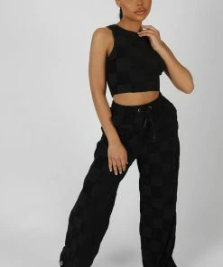 Public Desire UK Wide Leg Split Hem Checkerboard Towelling Joggers Black KAIIA CLOTHING