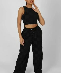 Public Desire UK Wide Leg Split Hem Checkerboard Towelling Joggers Black KAIIA CLOTHING