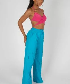 Public Desire UK SPLIT HEM WIDE LEG CARGO POCKET TROUSER BLUE KAIIA CLOTHING