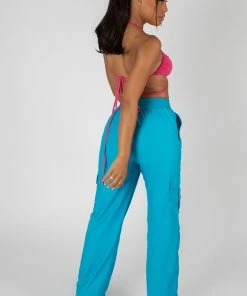 Public Desire UK SPLIT HEM WIDE LEG CARGO POCKET TROUSER BLUE KAIIA CLOTHING