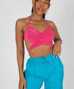 Public Desire UK 90'S BUTTERFLY SLINKY WRAP TOP PINK