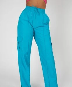 Public Desire UK SPLIT HEM WIDE LEG CARGO POCKET TROUSER BLUE KAIIA CLOTHING