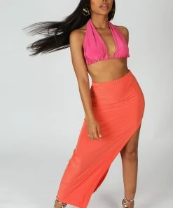 Public Desire UK KAIIA CLOTHING Slinky Midaxii Skirt Orange