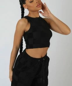 Public Desire UK KAIIA CLOTHING Checkerboard Towelling Racer Crop Top Black
