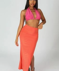 Public Desire UK KAIIA CLOTHING Slinky Midaxii Skirt Orange