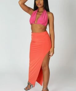 Public Desire UK KAIIA CLOTHING Slinky Midaxii Skirt Orange