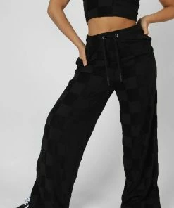 Public Desire UK Wide Leg Split Hem Checkerboard Towelling Joggers Black KAIIA CLOTHING