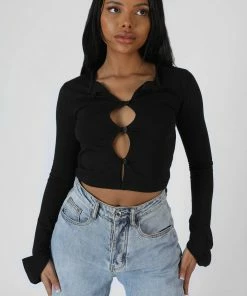 Public Desire UK KAIIA CLOTHING Long Sleeve Button Detail Crop Top Black