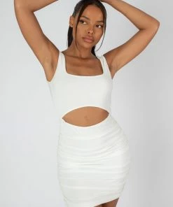 Public Desire UK CUT OUT SLINKY RUCHED MINI DRESS WHITE KAIIA CLOTHING
