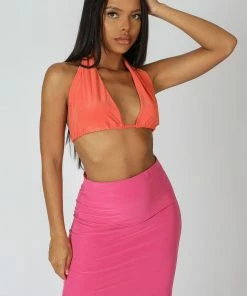 Public Desire UK KAIIA CLOTHING Slinky Halterneck Top Orange