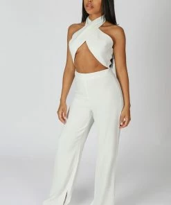 Public Desire UK Cross Front Halter Wide Leg Jumpsuit White