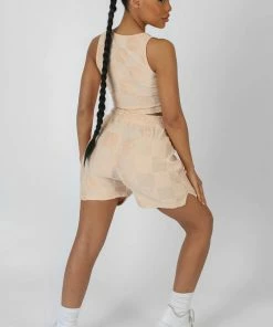 Public Desire UK KAIIA CLOTHING Relaxed Checkerboard Towelling Short Sand