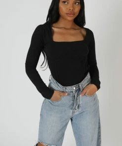 Public Desire UK Underbust Seam Square Neck Bodysuit Black KAIIA CLOTHING