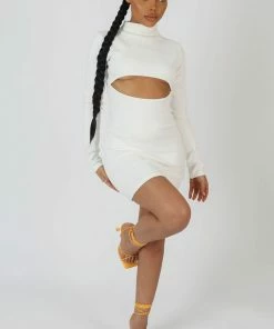 Public Desire UK Long Sleeve Waist Cut Out Mini Dress Ivory KAIIA CLOTHING