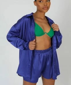 Public Desire UK KAIIA CLOTHING Oversized Satin Shirt Purple