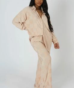 Public Desire UK KAIIA CLOTHING Oversized Checkerboard Towelling Shirt Sand