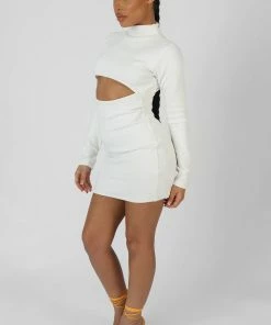 Public Desire UK Long Sleeve Waist Cut Out Mini Dress Ivory KAIIA CLOTHING