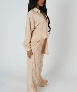 Public Desire UK KAIIA CLOTHING Oversized Checkerboard Towelling Shirt Sand