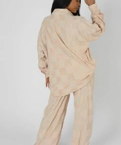 Public Desire UK KAIIA CLOTHING Oversized Checkerboard Towelling Shirt Sand