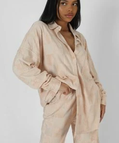 Public Desire UK KAIIA CLOTHING Oversized Checkerboard Towelling Shirt Sand