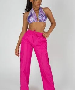 Public Desire UK SPLIT HEM WIDE LEG CARGO POCKET TROUSER PINK