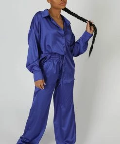 Public Desire UK Satin Wide Leg Trousers Purple