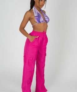 Public Desire UK SPLIT HEM WIDE LEG CARGO POCKET TROUSER PINK