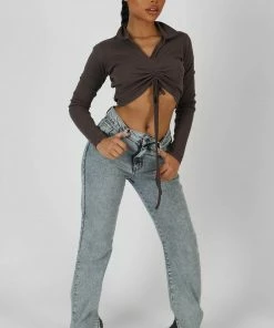 Public Desire UK Long Sleeve Collar Ruched Top Taupe